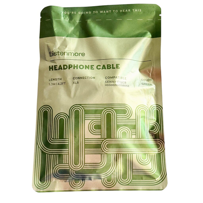A green and silver Listenmore Etched Headphone Cable for Sennheiser HD 600 Series, 1.3m/4.27ft long with dual-pin connectors and XLR connection, compatible with HD 600/650/580/52.