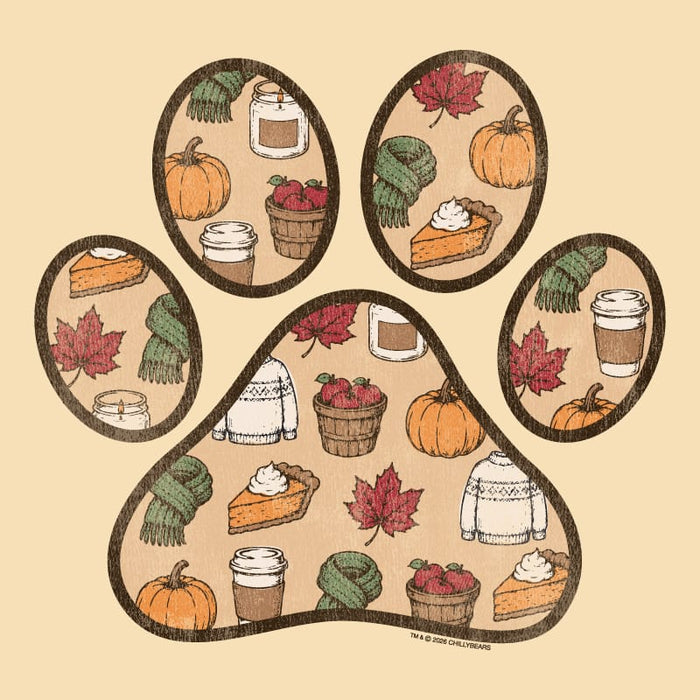 A paw-print shaped graphic on a warm beige background, filled with autumn-themed illustrations including pumpkins, fall leaves, pie slices, scarves, coffee cups, candles, and knit sweaters.