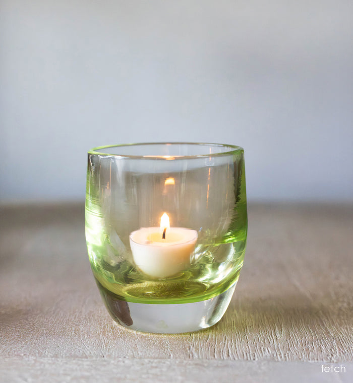 'fetch' green transparent glassybaby hand-blown glass candle holder.