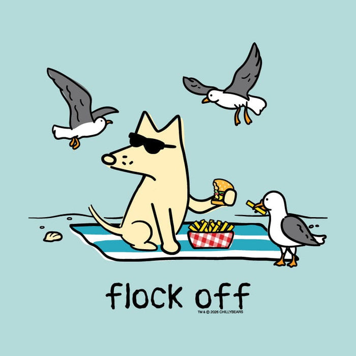 A cartoon-style illustration on a light blue background showing a beige dog sitting on a striped beach towel with sunglasses, holding a burger, with seagulls around it and the text 'flock off' below.