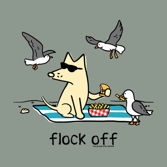 A cartoon-style graphic on a muted gray-green background showing a beige dog sitting on a blue-and-white striped beach towel, wearing black sunglasses and holding a burger, with a basket of fries and two seagulls around it. The text 'flock off' appears below.