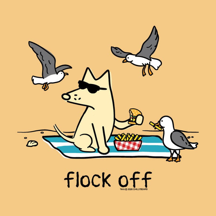 A cartoon illustration on a warm beige background showing a cream-colored dog wearing black sunglasses, sitting on a blue-and-white striped towel and eating fries, with two flying seagulls above and one standing to the right. The text 'flock off' appears below.