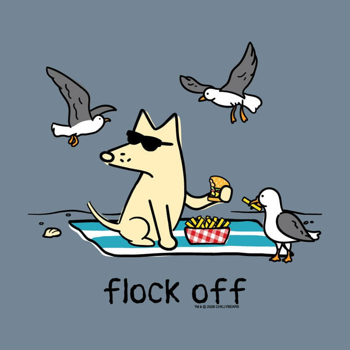 A cartoon-style graphic on a muted blue-gray background showing a cream-colored dog wearing black sunglasses and sitting on a blue-and-white striped beach towel, eating fries and a sandwich while being approached by two seagulls. The text 'flock off' appears below.