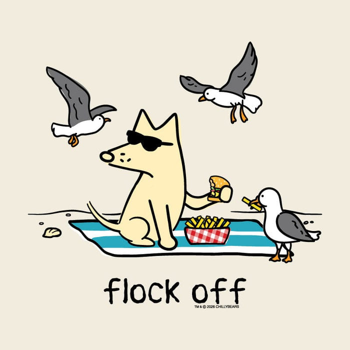 A cartoon illustration on a light beige background showing a cream-colored dog wearing black sunglasses and sitting on a blue striped beach towel, holding a burger next to a basket of fries. Two gray-and-white seagulls fly around it, with the text 'flock off' below.