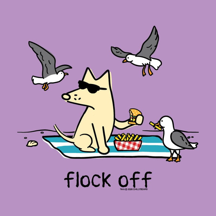 A purple graphic print featuring a cartoon dog sitting on a blue striped beach towel, wearing black sunglasses and holding a burger, with a basket of fries and two seagulls around it. The text 'flock off' is written below.
