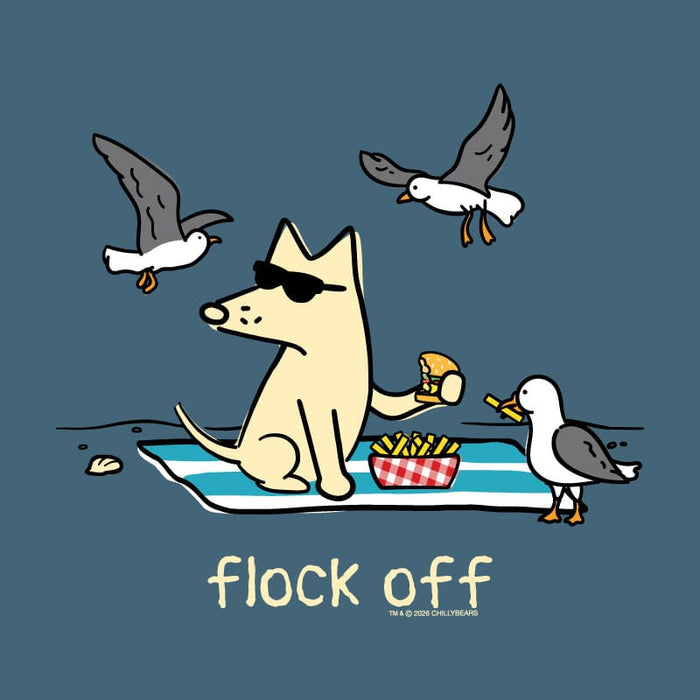 A stylized illustration on a muted blue-gray background showing a cream-colored dog sitting on a blue-and-white striped beach towel, wearing black sunglasses and holding a burger. A basket of fries sits beside it, and two seagulls are flying and standing nearby.
