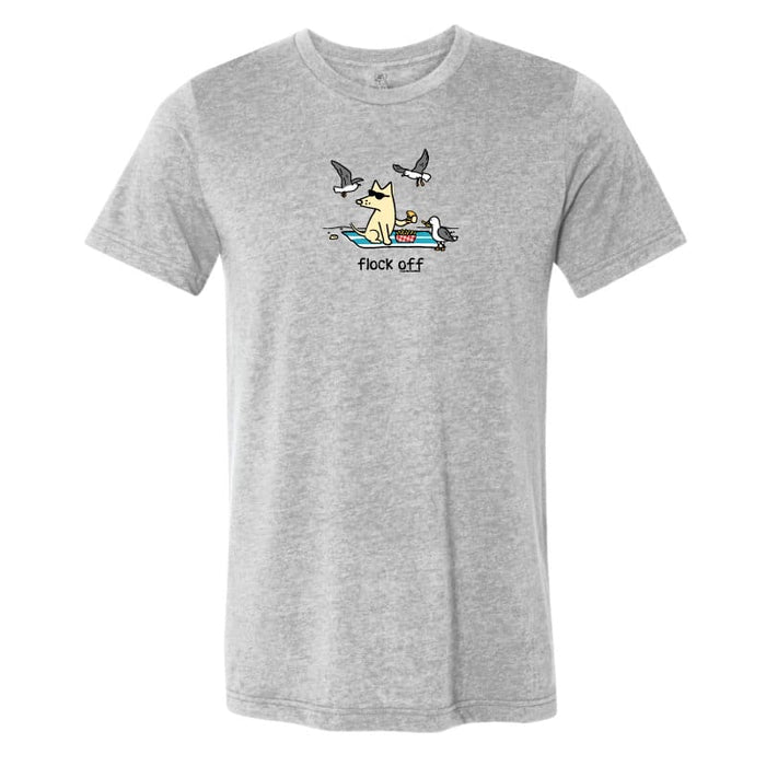 Gray t-shirt with 'flock off" graphic on a white background