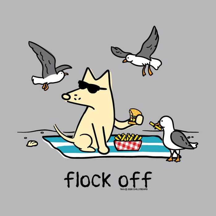 A cartoon graphic on a light gray background showing a beige dog wearing black sunglasses and sitting on a blue striped blanket, eating fries and a sandwich while seagulls fly and stand around it. The text 'flock off' appears below.