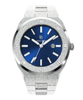 Front view of Paul Rich frosted silver watch with metallic blue sunray dial, silver markers, and date window, on transparent background.