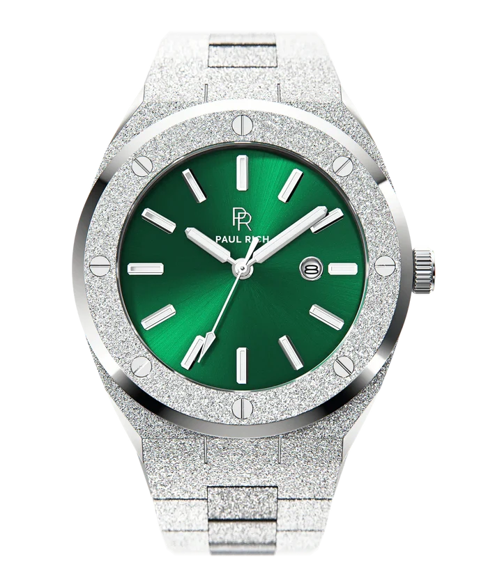 Paul Rich watch with round frosted silver case and bracelet, metallic green sunray dial, silver hour markers, and date window, shown on transparent background.