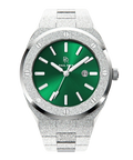 Paul Rich watch with round frosted silver case and bracelet, metallic green sunray dial, silver hour markers, and date window, shown on transparent background.