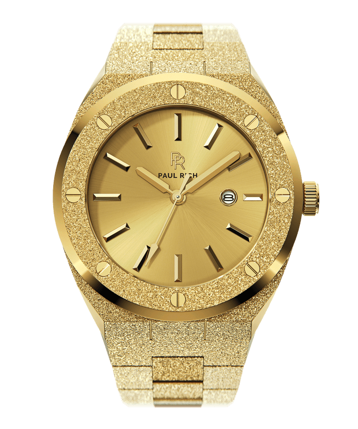 Paul Rich watch with round frosted gold case and bracelet, metallic gold sunray dial, gold hour markers, and date window, shown on transparent background.