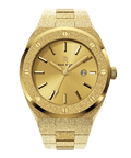 Paul Rich watch with round frosted gold case and bracelet, metallic gold sunray dial, gold hour markers, and date window, shown on transparent background.