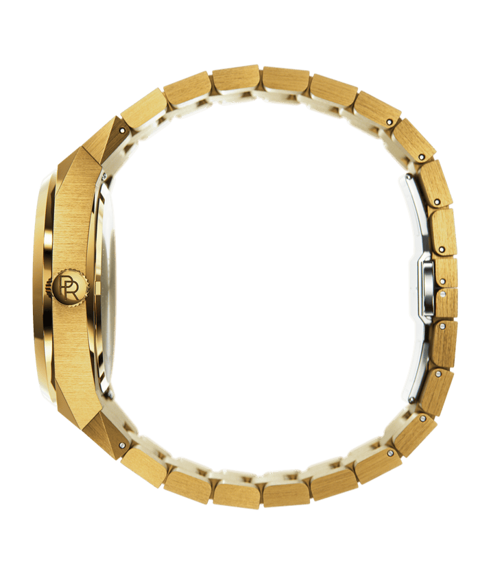 Side view of Paul Rich watch with round brushed gold case, PR monogram crown, and closed gold stainless steel bracelet, shown on transparent background.