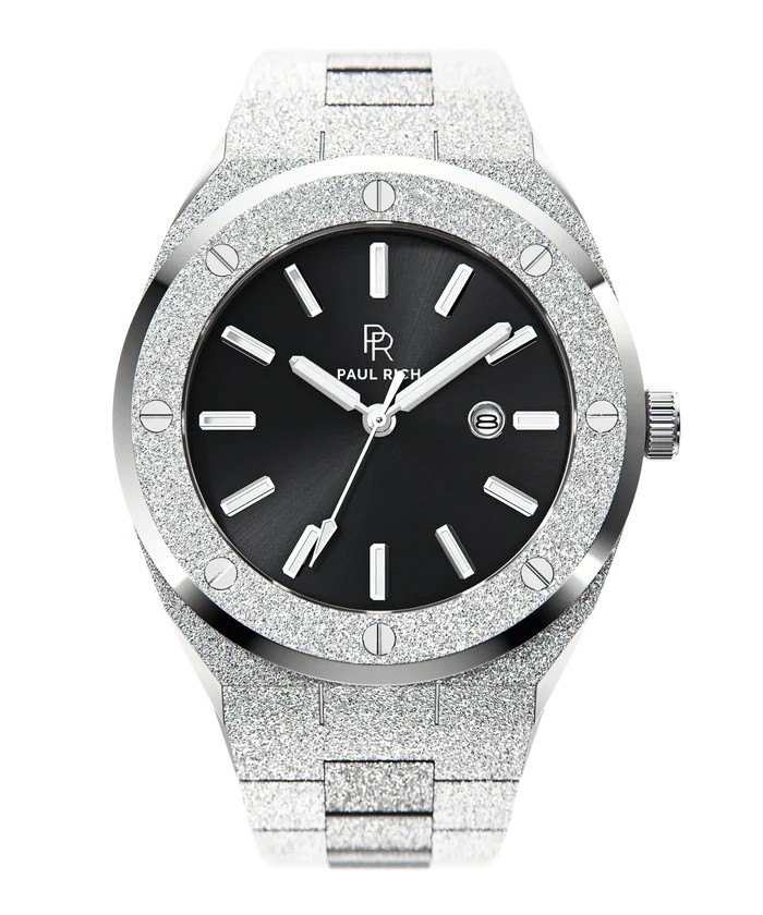 Paul Rich watch with round frosted silver case and bracelet, metallic black sunray dial, silver hour markers, and date window, shown on transparent background.
