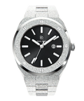 Paul Rich watch with round frosted silver case and bracelet, metallic black sunray dial, silver hour markers, and date window, shown on transparent background.