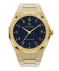 Frosted gold watch with a blue aventurine dial, Arabic numerals, and matching gold hands and bracelet.
