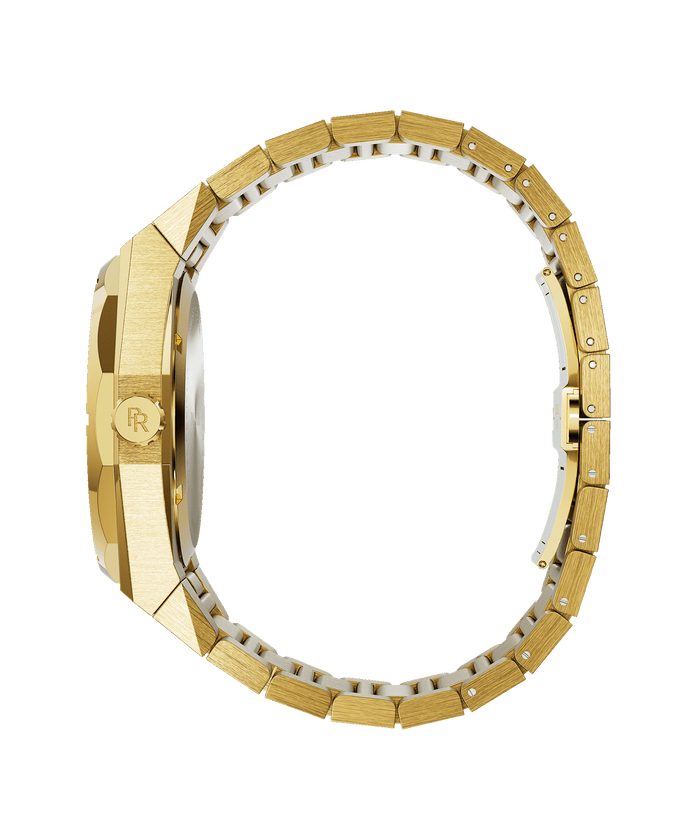 Side view of Paul Rich gold watch showing PR-logo crown and full profile of curved brushed gold stainless steel bracelet.