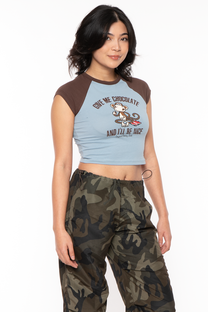 Give Me Chocolate - Bobby Jack Crop Raglan Top - Blue