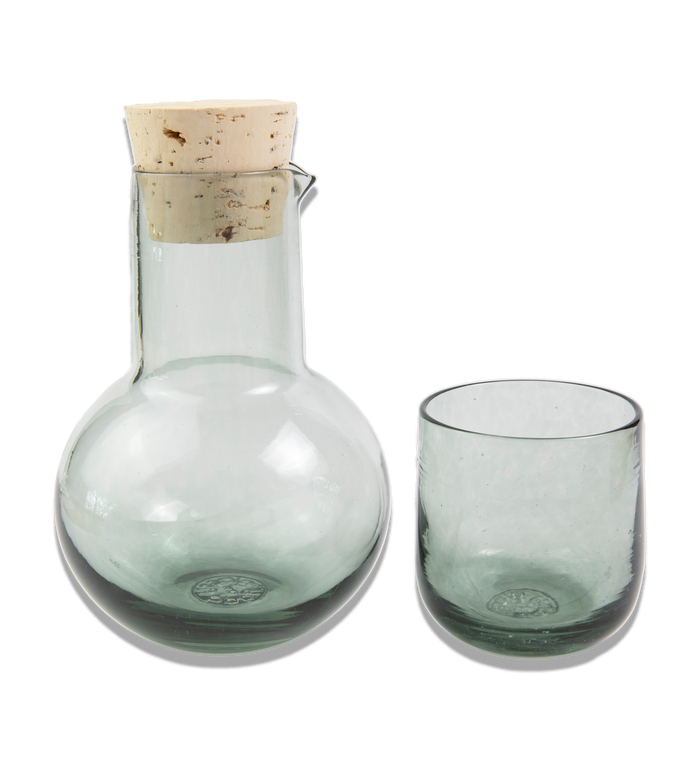 glass sipper grey, transparent grey and-blown glass corked decanter and cup.