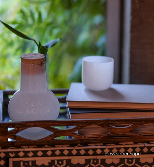 hope white hand-blown carafe and drinking cup