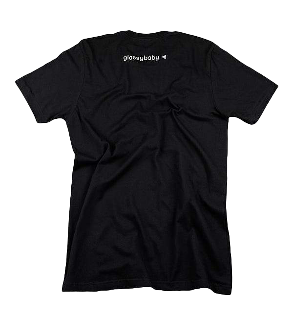 "perfectly imperfect" in white on black t-shirt, back glassybaby logo