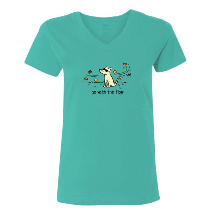 A women's short-sleeve V-neck t-shirt in a vibrant teal green color, featuring a cartoon graphic of a dog with the text 'go with the flow' printed on the chest.