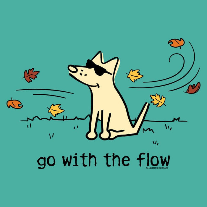 A stylized illustration of a cream-colored dog wearing black sunglasses, sitting on a teal background with falling autumn leaves and the text 'go with the flow' below.