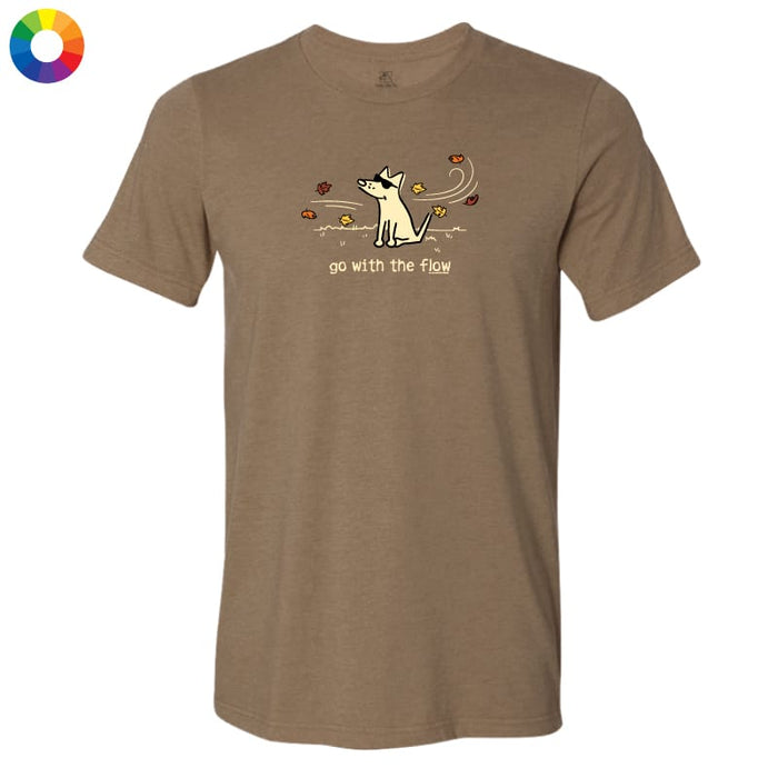 A brown short-sleeve crewneck t-shirt with a graphic of a white cat surrounded by autumn leaves and the text 'go with the flow' on the chest, displayed on a solid white background.