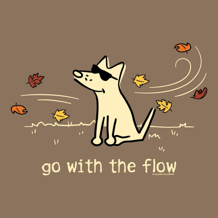 A brown square graphic with a cartoon dog wearing black sunglasses, surrounded by falling autumn leaves and the text 'go with the flow'.