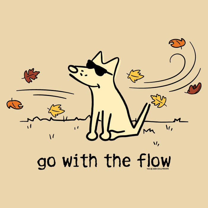 A minimalist line-art illustration of a cream-colored dog wearing black sunglasses, sitting on a beige background with scattered autumn leaves and the text 'go with the flow' below.