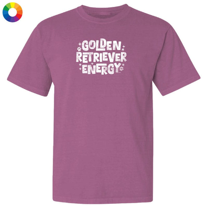 Purple t-shirt with 'Golden Retriever Energy' text on a white background