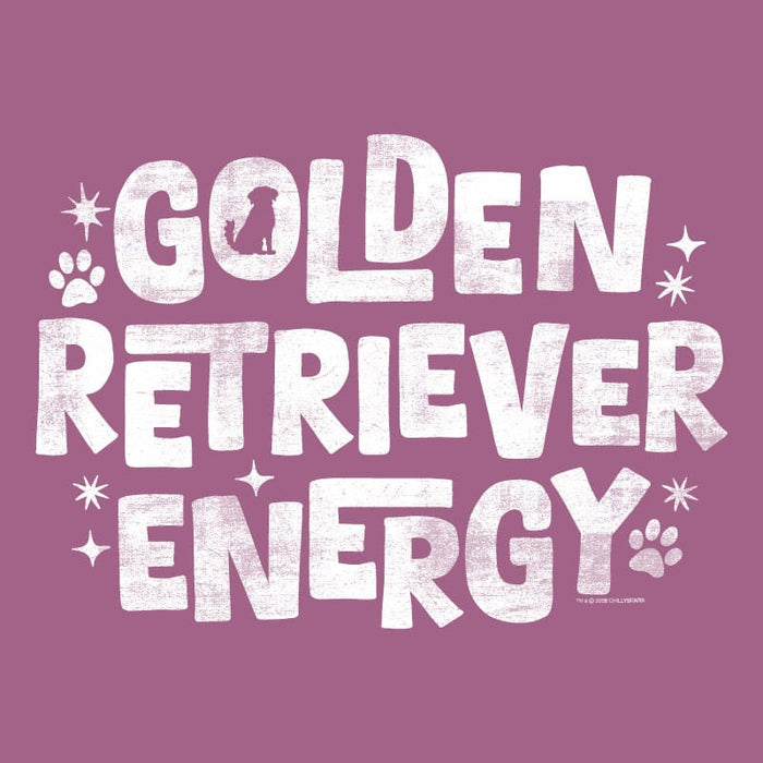 Text 'GOLDEN RETRIEVER ENERGY' with paw prints and stars on a navy background