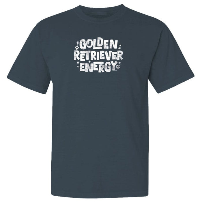 Navy blue t-shirt with 'Golden Retriever Energy' text on a white background