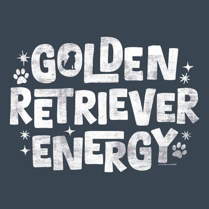 Text 'GOLDEN RETRIEVER ENERGY' with paw prints and stars on a navy background