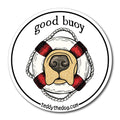 Car magnet with illustration of a golden retriever's nose and muzzle framed by a red and white lifebuoy with the pun "good buoy"