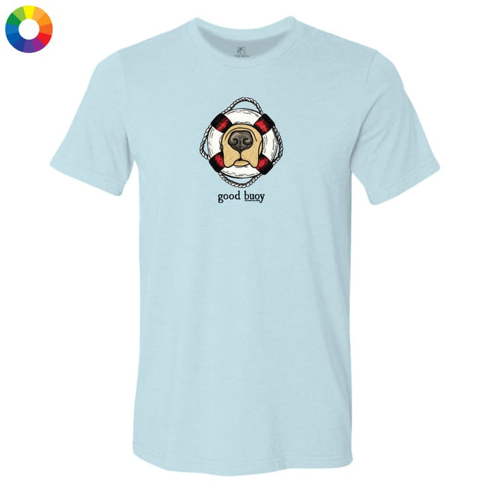 Light blue t-shirt with a dog graphic and 'good boy' text on a white background