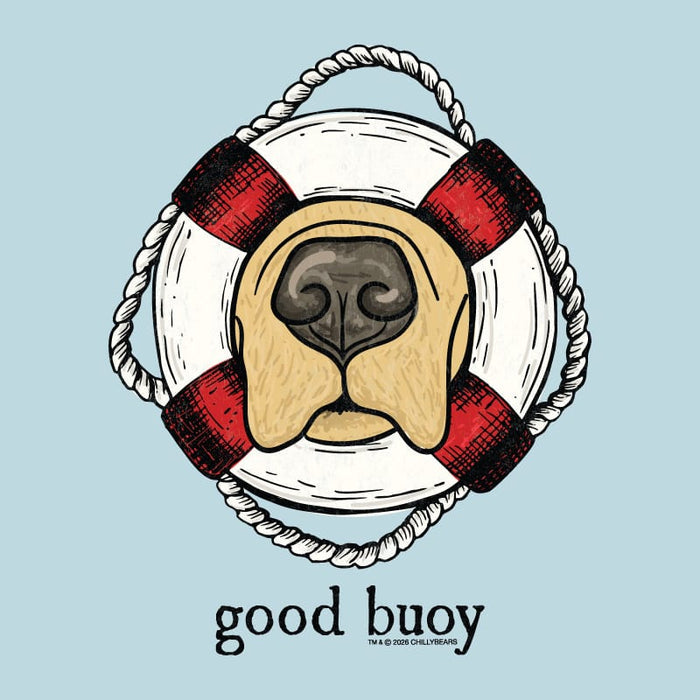 Illustration of a golden retriever's nose and muzzle framed by a red and white lifebuoy with the pun "good buoy" written underneath on a light blue background.