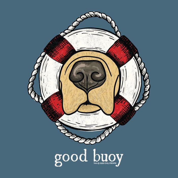 Illustration of a golden retriever's nose and muzzle framed by a red and white lifebuoy with the pun "good buoy" written underneath on a blue background.