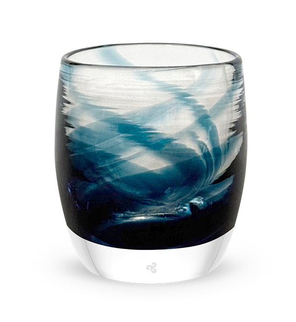 'good vibes' a blue and clear, hand-blown glass candle holder