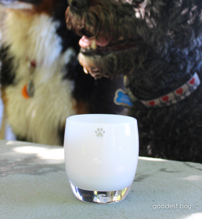 'goodest boy' and 'goodest girl' candle holders with dogs in background.
