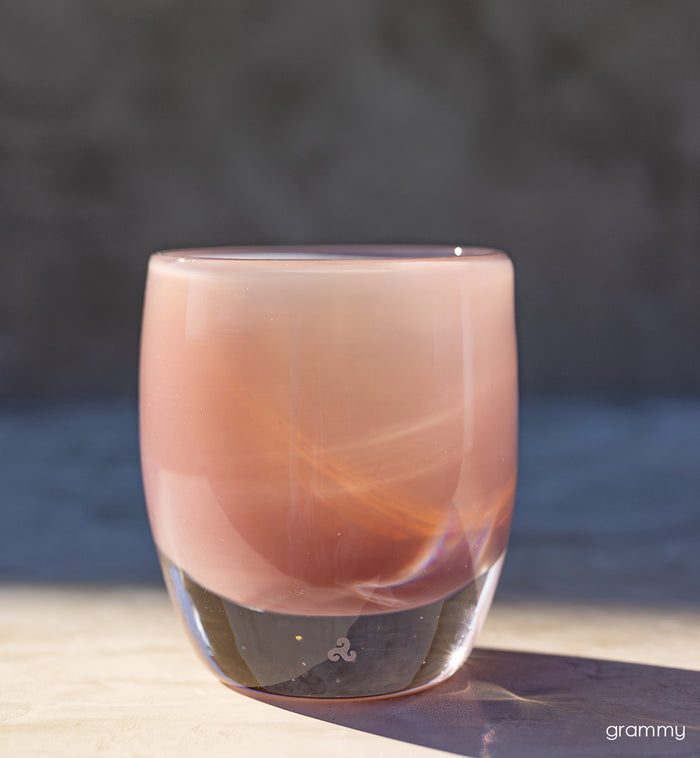 grammy, soft pink hand-blown glass votive candle holder.