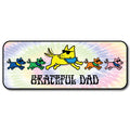 Colorful graphic with cartoon dogs and 'Grateful Dad' text on a tie-dye background