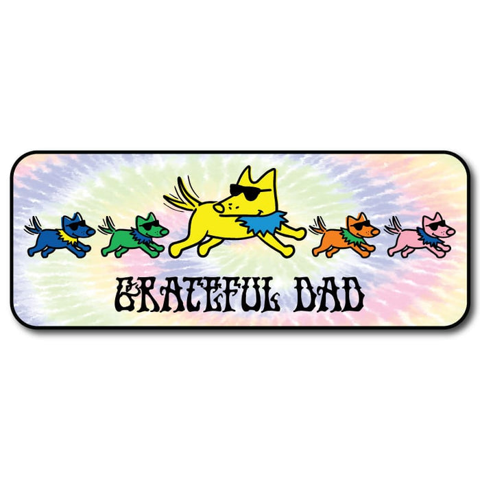 Colorful graphic with cartoon dogs and 'Grateful Dad' text on a tie-dye background