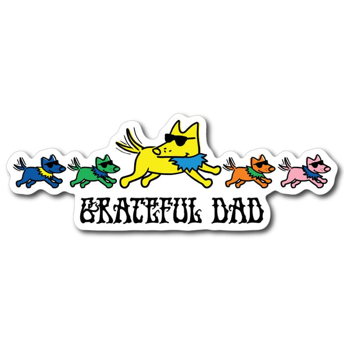 Sticker with a yellow cat wearing sunglasses and the text 'Grateful Dad' on a white background