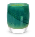 gratitude too, textured translucent teal green with silver luster, hand-blown glass votive candle holder