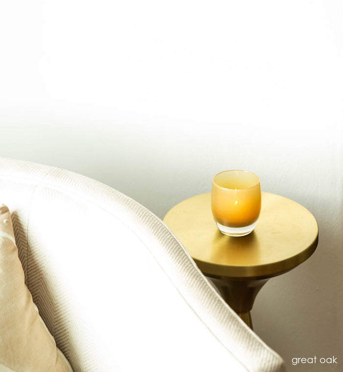 great oak, soft light brown, hand-blown glass votive candle holder.