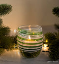 'green ribbon' glassybaby: green, white, clear swirl handblown glass candle holder with garland with lights