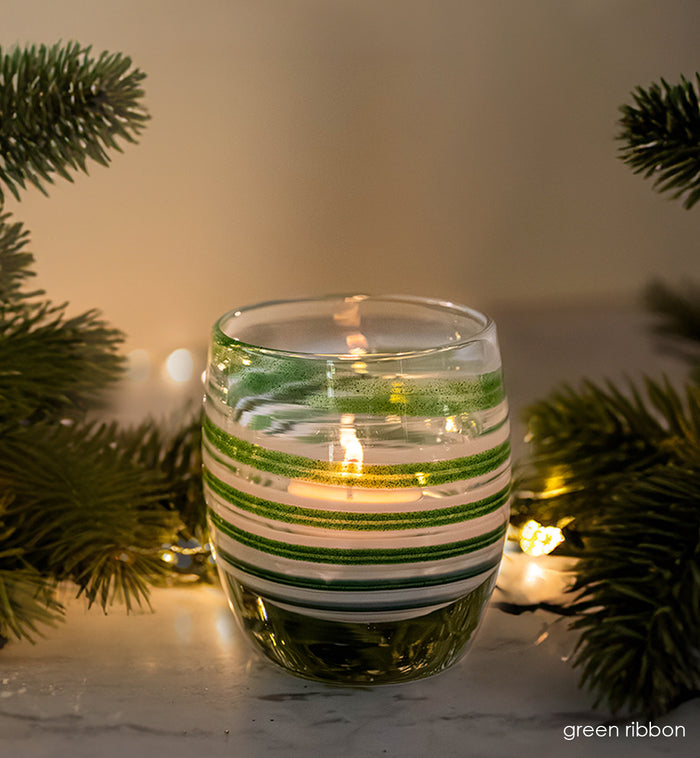'green ribbon' glassybaby: green, white, clear swirl handblown glass candle holder with garland with lights