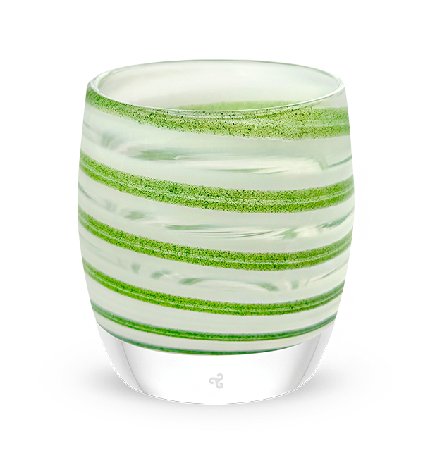 'green ribbon' glassybaby: green, white, clear swirl handblown glass candle holders